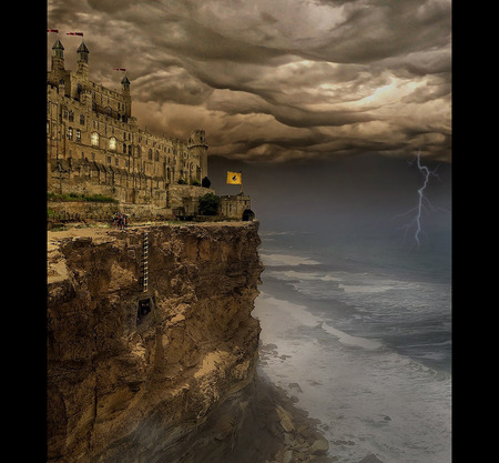 Castle - abstract, dark, cliff, castle, 3d, high