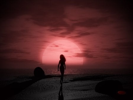 To dawn - dawn, beach, woman, red, night