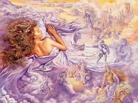 josephine wall - sleeping, dreams, bed, paintting, animals, magic, wings, art, purple, long hair, beautiful, weird things people wear, pink, josephine wall, woman, beauty, female, fantasy, creative pre-made, painting, gorgeous, clouds, castle, dreamlike, paintings, attractions in dreams, girl, lovely, abstract, love four seasons, horse, butterfly designs, colors, illusions