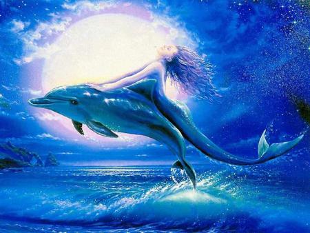 Having fun - clouds, moon, beautiful, dolphin, sea, night, mermaid, waves, fish