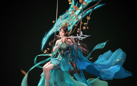 Fantasy girl - blue, black, flute, frumusete, swing, girl, 3q studio, fantasy, luminos