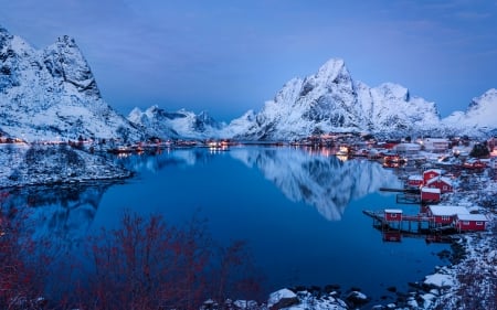 Lofoten Island,Norway - winter, evening, snow, island, reflection, nature, lights, reine, houses