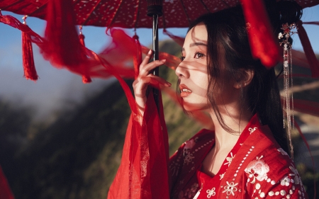 Beauty - model, asian, red, parasol, girl, woman