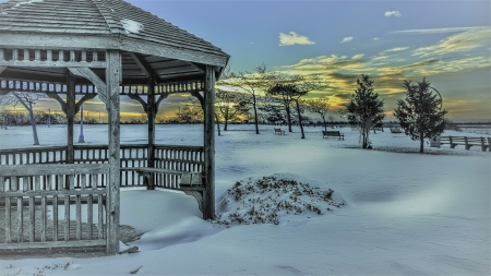 Park - benches, winter, park, sky