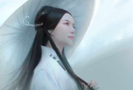 Girl - blue, girl, jinyuan liu, frumusete, fantasy, white, umbrella, parasol, asian, art, luminos