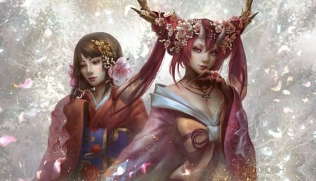 Sakura and Momo No Sei - momoo no sei, sakura, hoanglapsolan, girl, hoang lap solan, flower, pink, horns, creature, frumusete, fantasy, luminos