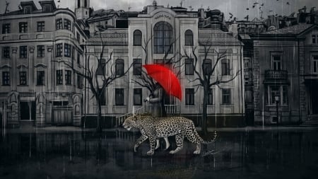 :) - black, viaestelar, fantasy, leopard, umbrella, red, rain, girl