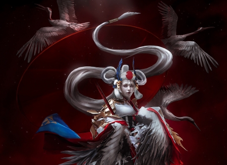 Ubume - bird, cranes, girl, onmyouji, ubume, pasaari, frumusete, black, fantasy, aku, red, luminos