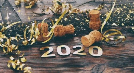 Happy New Year - cork, rable, glitter, wood, 2020