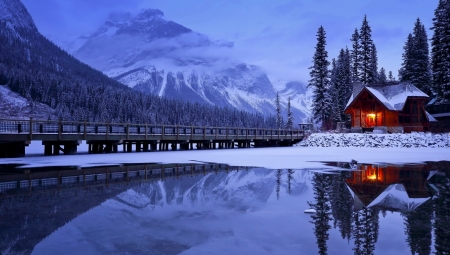 Winter Emerald lake - cabin, emerald, lake, lights, mountain, reflection, serenity, snow, winter