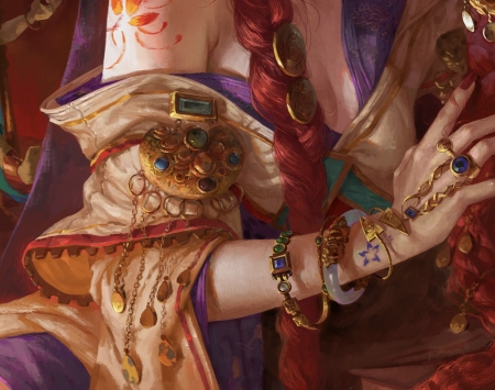 â™¥ - art, fantasy, girl, hand, jewels, luminos, orange, tea me, teame