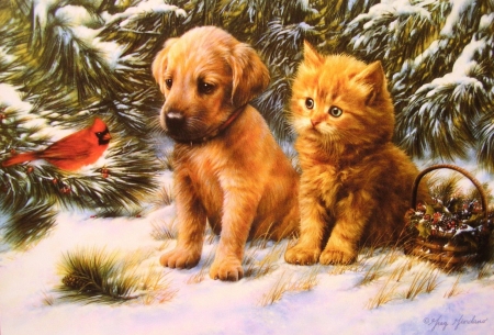 ♥ - bird, winter, dog, cat, greg giordano, pasari, pictura, kitten, painting, pisici, caine, puppy, art