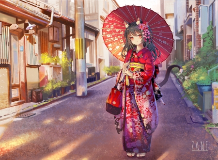 :) - anime, ears, fox, girl, kimono, pink, manga, umbrella, parasol, red, sxbzero