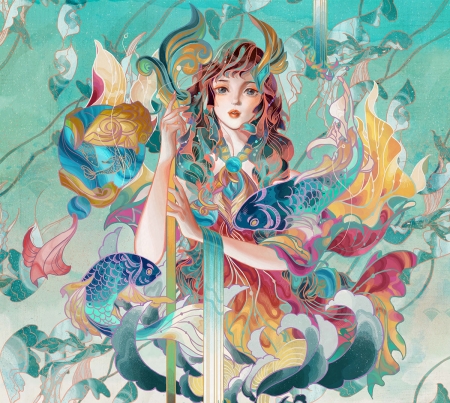 Zodiac ~ Pisces - girl, summer, pisces, zodiac, fantasy, pesti, luminos, fish, vara