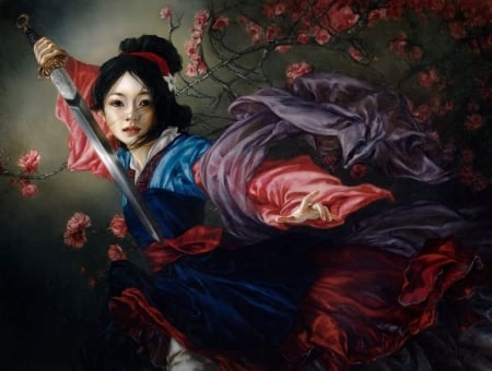 Mulan - blue, girl, sword, heather theurer, mulan, fantasy, red, princess, asian, art, luminos