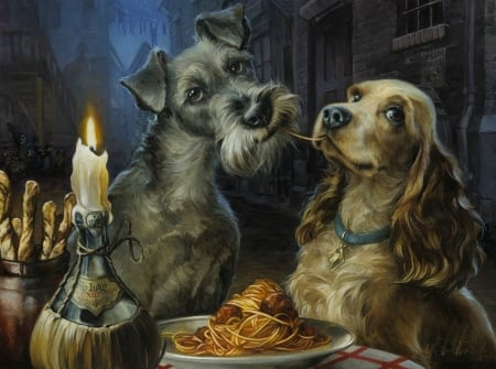 Bella Notte - dog, lady and the tramp, heather theurer, pictura, fantasy, painting, caine, couple, art, luminos