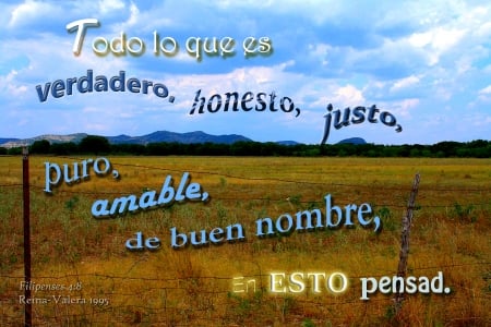 En Esto Pensad - clouds, hills, inspirational, pasture, Bible, ranch, field, farm, sky