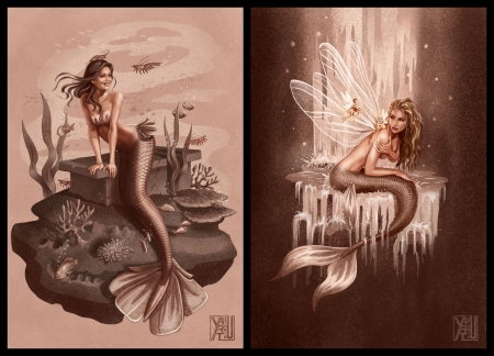 Mermaids - summer, mermaid, fantasy, yasushi matsuoka, girl, siren, collage, vara