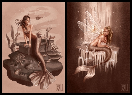 Mermaids - fantasy, siren, mermaid, summer, yasushi matsuoka, collage, girl, vara