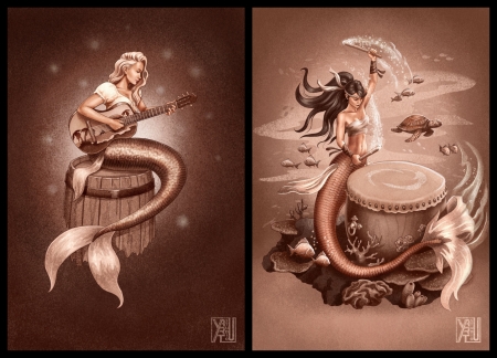 Mermaids - fantasy, siren, mermaid, summer, yasushi matsuoka, collage, girl, vara