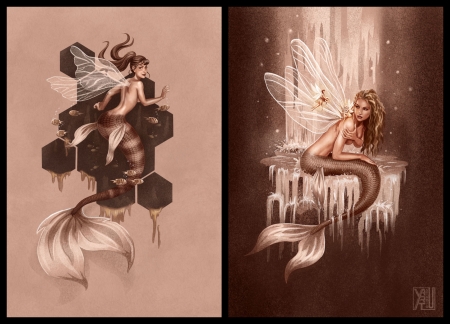 Mermaids - summer, mermaid, fantasy, yasushi matsuoka, girl, collage, siren, vara