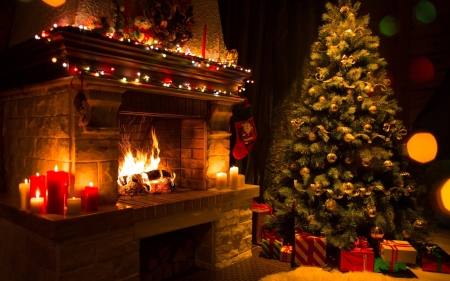 Cosy Christmas - Fire, Tree, Night, Presents, Winter, Fireplace, Cosy, Evening, Lights, Pine, Christmas