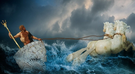 Out of the blue - water, vikki truver, sea, god, man, horse, fantasy, funny, art, poseidon, luminos