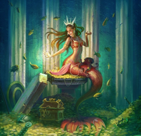 Mermaid - summer, mermaid, fantasy, green, yasushi matsuoka, girl, siren, vara