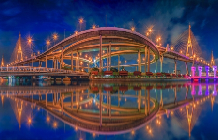 Rainbow Bridge - panoramic view, fotomen, rainbow colors, Bangkok, reflection, Thailand, Bhumibol bridge