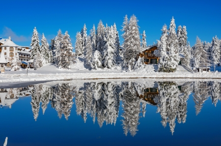 Winter in Austria - trees, winter, beautiful, chalets, snow, lake, Austria, reflection