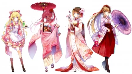 Girls - manga, anime, white, parasol, jiji, red, girl, kimono