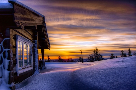 â™¥ - house, iarna, peisaj, snow, sunset, winter