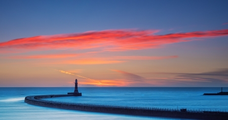 ♥ - sunset, water, lighthouse, summer, blue, sea, pink, vara