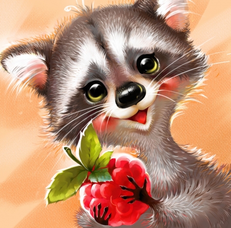 Raccoon - strawberry, raton, raccoon, copil, fantasy, red, natalia steshenko, fruit, luminos, child