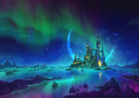 Castle - art, aurora, bianca morelos, blue, castle, fantasy, green, luminos, moon
