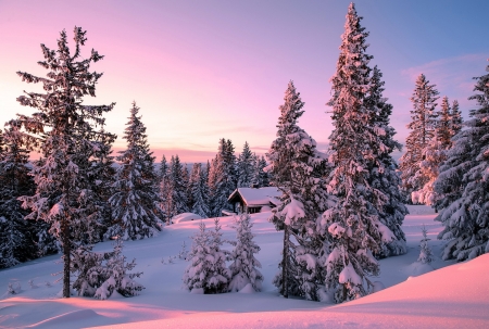 Peaceful wintermood - house, mood, winter, sunset, beautiful, snow, peawceful