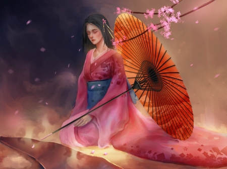 Princess - umbrella, frumusete, asian, je fumma, art, parasol, girl, spring, orange, pink, fantasy, luminos, princess