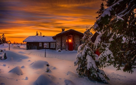 Winter Evening - clouds, trees, sunset, snow, colors, cottage, sky