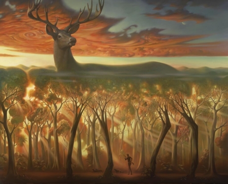 :) - horns, art, hunter, orange, vladimir kush, caprioara, painting, fantasy, pictura, deer, luminos, giant, cloud