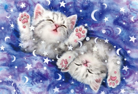 In a dream - blue, night, sweet, cat, sleep, kitten, paw, pisici, cute, art, kayomi harai