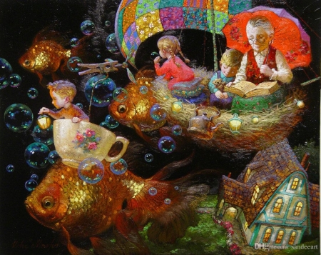 Childhood's dreams - summer, bunic, granfather, night, goldenfish, dream, grandmother, umbrella, art, vara, childhood, fantasy, pictura, victor nizovtsev, painting, pesti, fish, cup