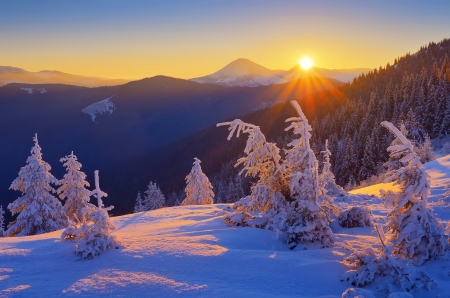 Winter landscape - Ukraine, winter, snow, sunrise, mountain, sunset, Carpathians, view, sky