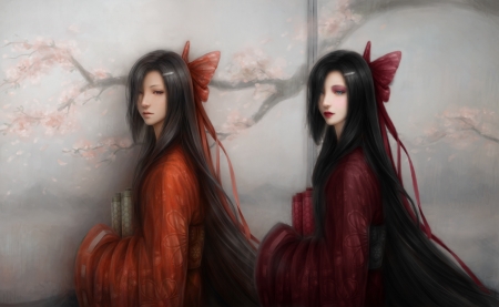 Fantasy girls - feimo, kimono, frumusete, asian, fantasy, red, luminos, girl