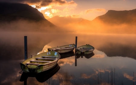 Boats on Lake - boats, calm, lake, mist, mountains