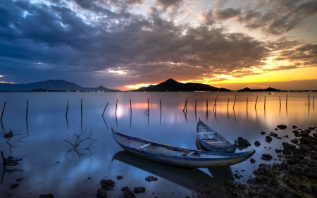 Boats on Lake - boats, calm, clouds, lake