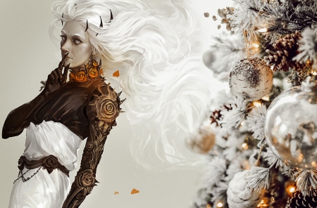 Christmas fantasy - exellero, white, black, horns, craciun, girl, demon, fantasy, christmas, goldne