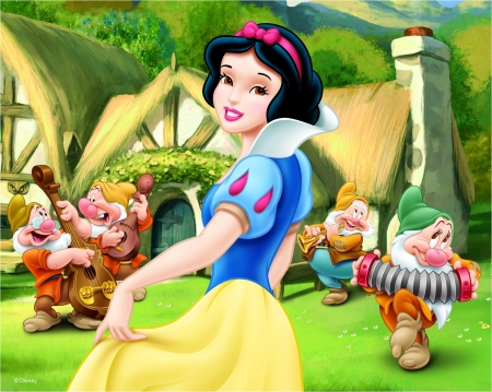 Snow White and the Seven Dwarfs - gnome, fantasy, instrument, dwarf, snow white, girl, princess, disney