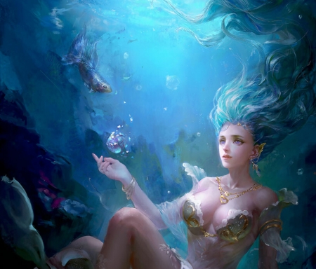 Vanishness - gjschoolart, chris chan, water, summer, blue, fantasy, pesti, fish, art, vara, luminos