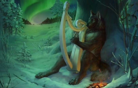 Northern lights - harpa, winter, harfa, wolf, alsareslynx, lup, fantasy, instrument, aurora, iarna, lira