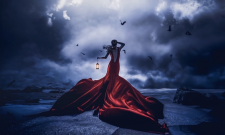 Searching for The Ship - clouds, Gown, Woman, ethereal, searching, sea, ocean, feminine, lantern, Waiting, lady, enchanting